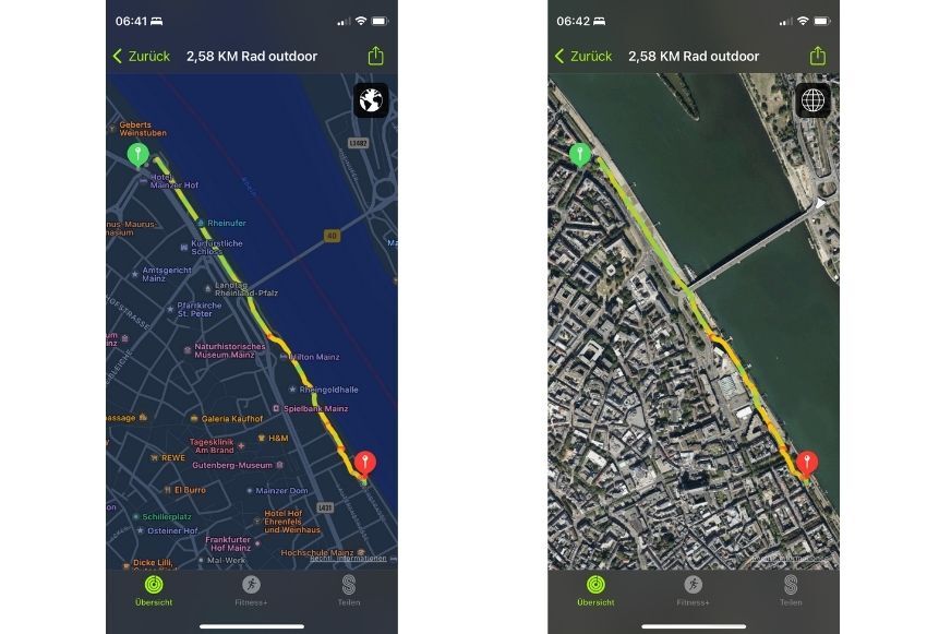 Man sieht die aufgezeichnete Strecke vom Radfahren in der Fitness App. 